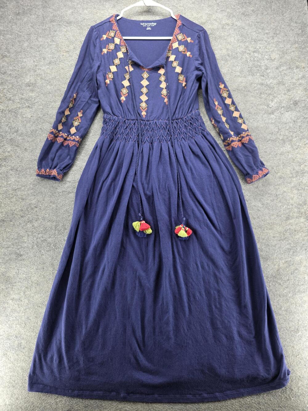 Soft Surroundings Dress Womens XS Embroidered Maxi Smocked Long Sleeve 2CW22